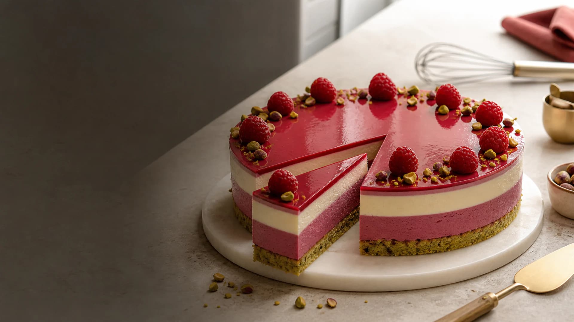 Entremet de frambuesa y pistacho con capas de pastelería de precisión