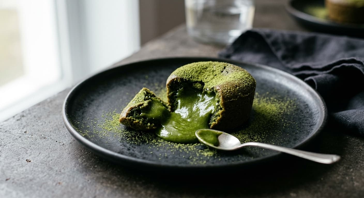 Receta de Coulant de Chocolate Blanco y Matcha: La Ciencia del Volcán Perfecto preparada paso a paso — fotografía editorial de RecetaDolce