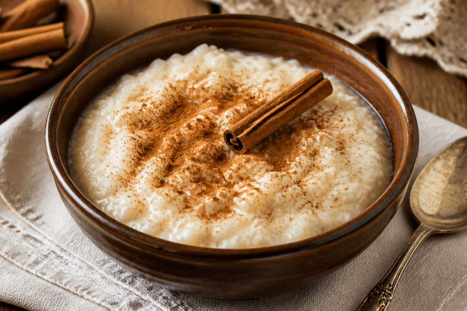 Arroz con leche cremoso servido en cuencos individuales de cerámica rústica, espolvoreado con canela en polvo y adornado con una rama de canela. Se aprecian los granos de arroz tiernos y la textura sedosa del postre.