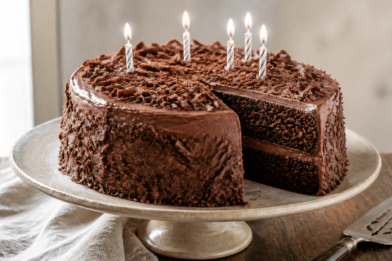Bizcocho de chocolate de cumpleaños húmedo y esponjoso, cubierto con un brillante glaseado de chocolate y decorado con virutas de chocolate y velas, sobre una base de pastel rústica.