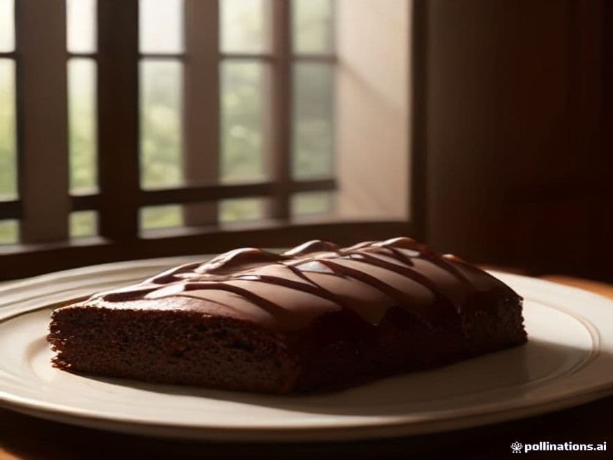 Bizcocho de chocolate oscuro, esponjoso y húmedo, decorado con un sirope brillante de chocolate y frutas rojas frescas como fresas y arándanos, sobre un plato de cerámica rústica.
