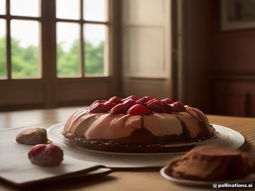 Un delicioso bizcocho de chocolate cubierto con glaseado de chocolate y decorado con fresas frescas en rodajas.
