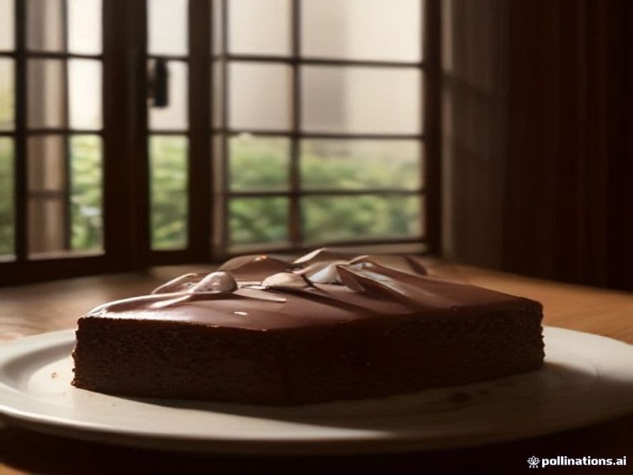 Bizcocho de chocolate intenso y esponjoso, recién horneado y cortado en rebanadas, mostrando su textura húmeda y el color oscuro del cacao, presentado en una tabla de madera rústica con un espolvoreado de azúcar glas.