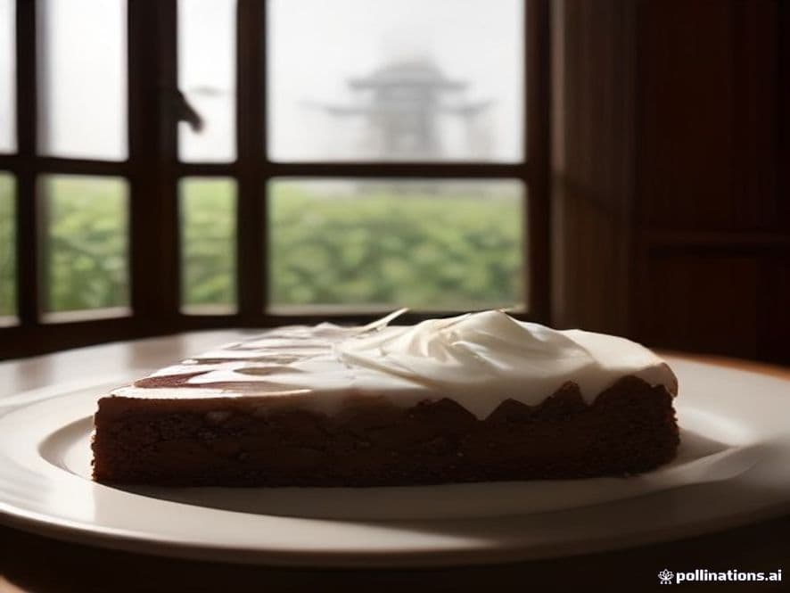 Un bizcocho de chocolate blanco recién horneado, espolvoreado con azúcar glas y decorado con frutos rojos, sobre un plato rústico de cerámica blanca.