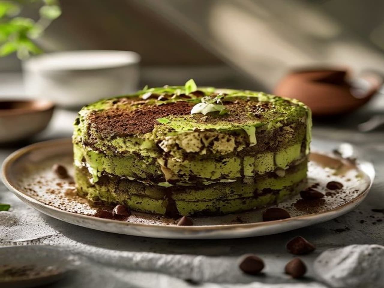Receta de Bizcocho esponjoso de matcha y chocolate blanco preparada paso a paso — fotografía editorial de RecetaDolce