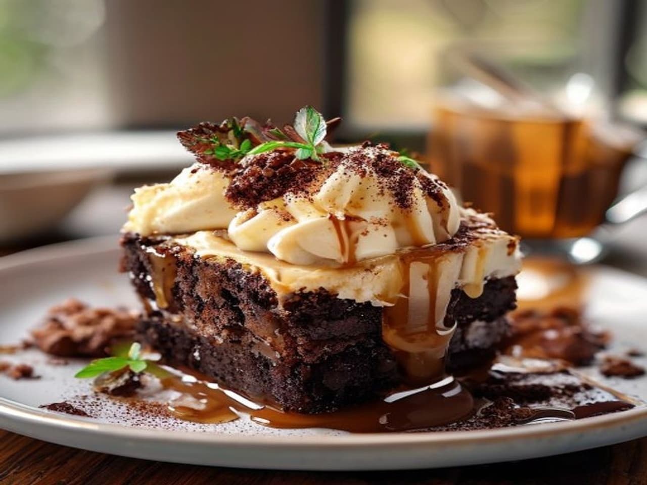 Receta de Brownie con helado de vainilla y caramelo preparada paso a paso — fotografía editorial de RecetaDolce