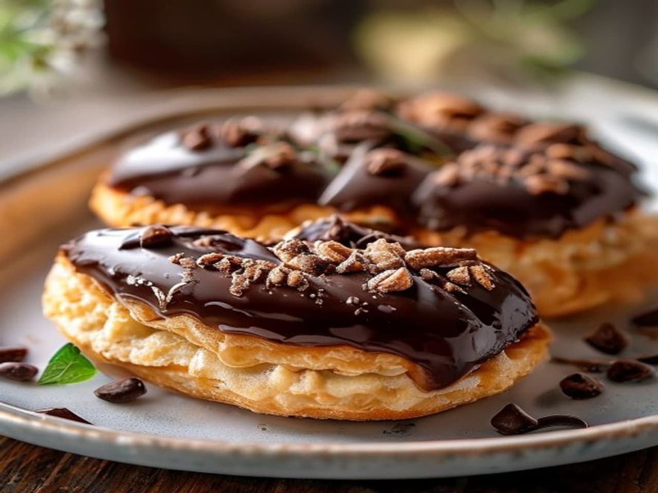 Receta de Eclairs de Chocolate Oscuro y Avellana preparada paso a paso — fotografía editorial de RecetaDolce
