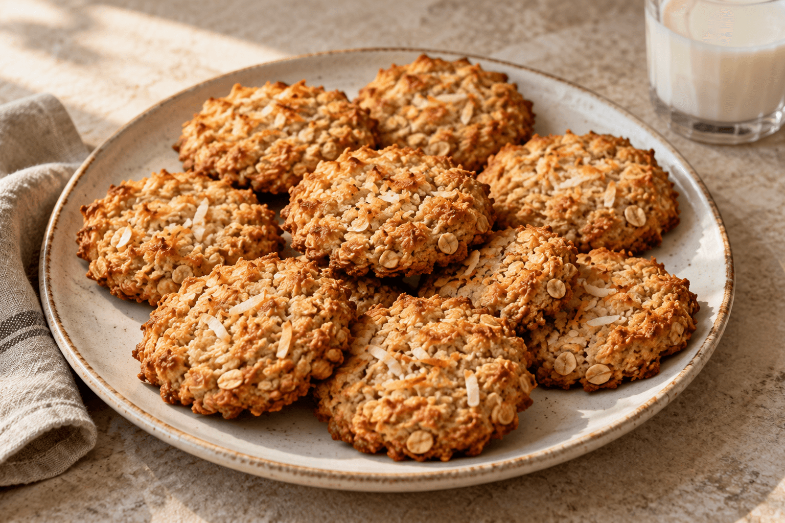 Galletas de avena y coco doradas servidas en un plato de cerámica con coco rallado y copos de avena visibles