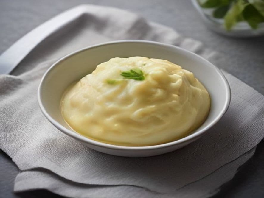 Un cuenco rústico de cerámica lleno de helado de pistacho casero, decorado con pistachos picados y una hoja de menta.