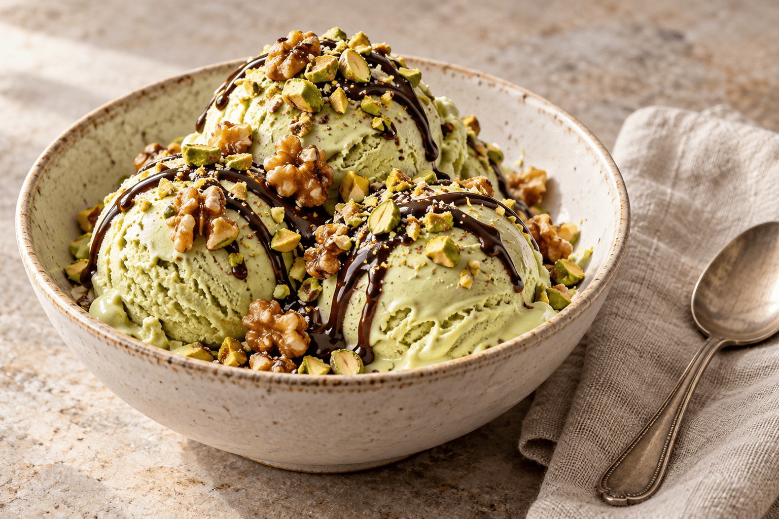 Copa de helado de pistacho cremoso con nueces caramelizadas, pistachos picados y salsa de chocolate negro.