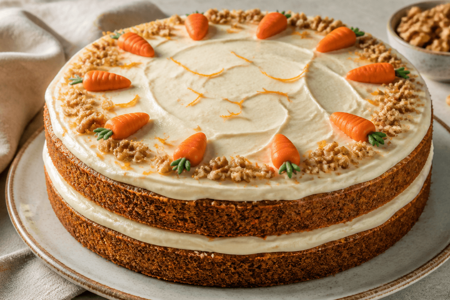 Pastel de zanahoria decorado con frosting de queso crema, nueces tostadas y pequeñas zanahorias de fondant sobre plato de cerámica.