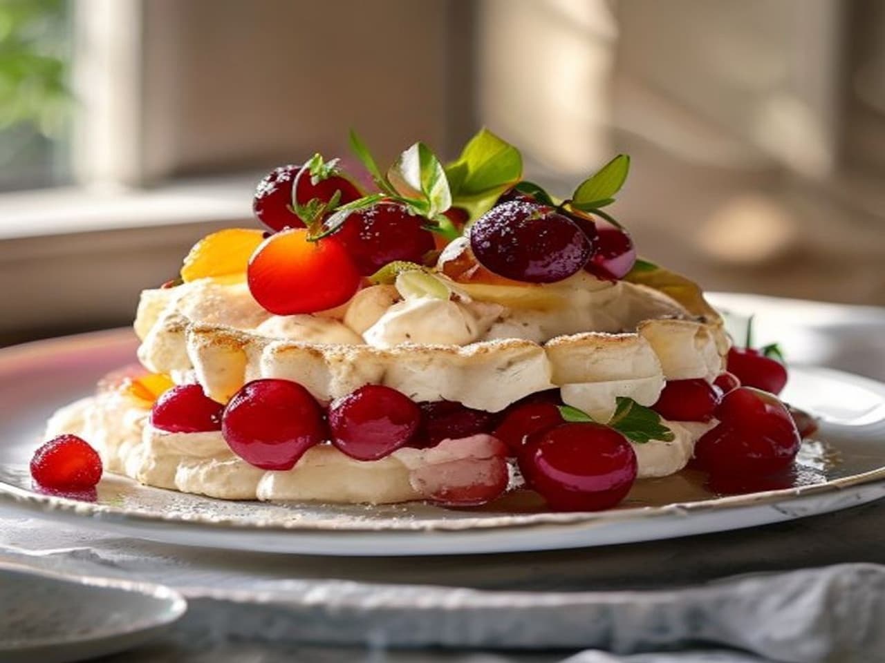 Receta de Pavlova de Frutos Rojos y Crema Chantilly preparada paso a paso — fotografía editorial de RecetaDolce