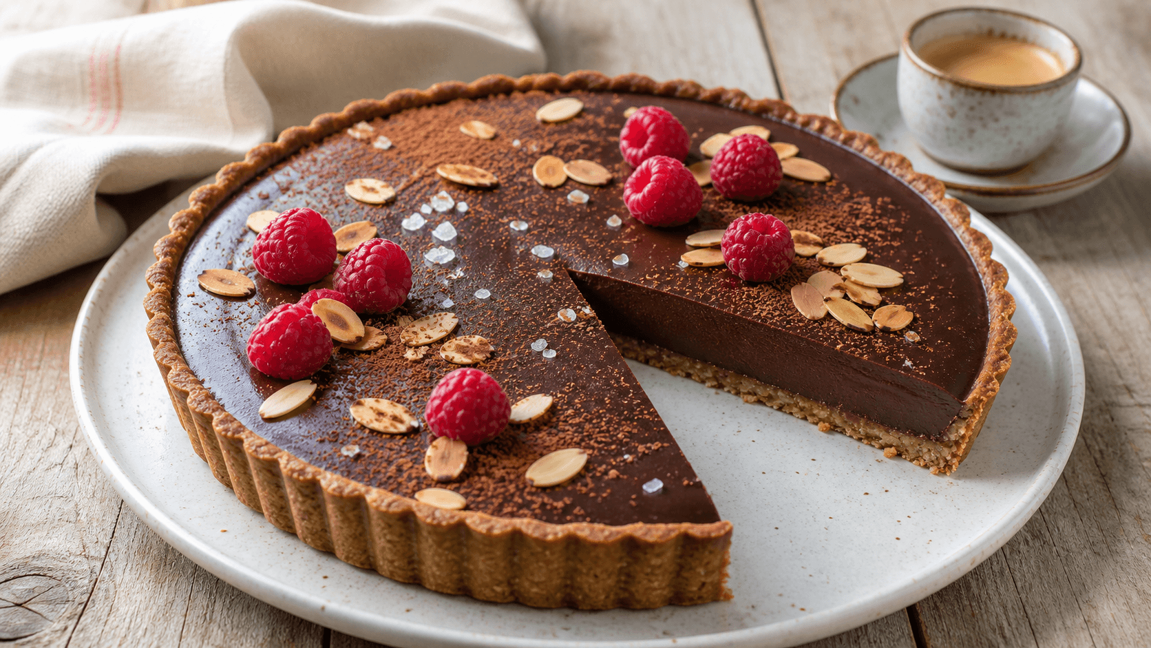 Receta de Tarta cremosa de chocolate negro y almendra preparada paso a paso — fotografía editorial de RecetaDolce