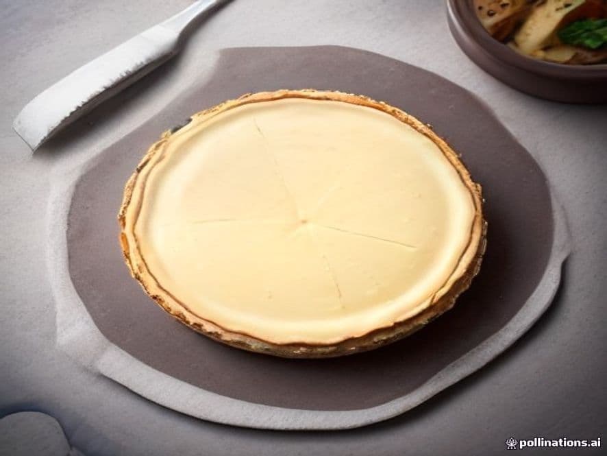 Una porción de tarta de queso al horno casera sobre un plato de cerámica rústica, con una fina capa de mermelada de albaricoque y un toque de coco rallado.