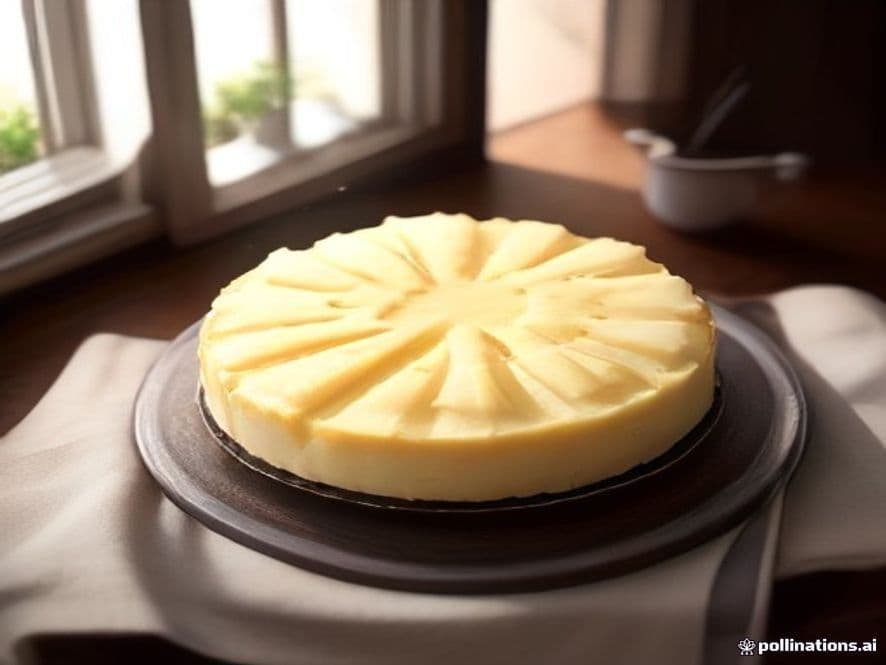 Una porción de tarta de queso al horno, de color dorado claro, con una textura suave y cremosa, servida sobre un plato blanco con frutos rojos frescos y un toque de menta.