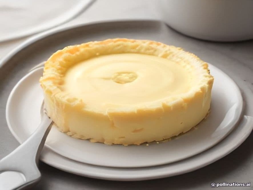 Una porción de tarta de queso cremosa y dorada, recién sacada de la freidora de aire, sobre un plato de cerámica rústica.