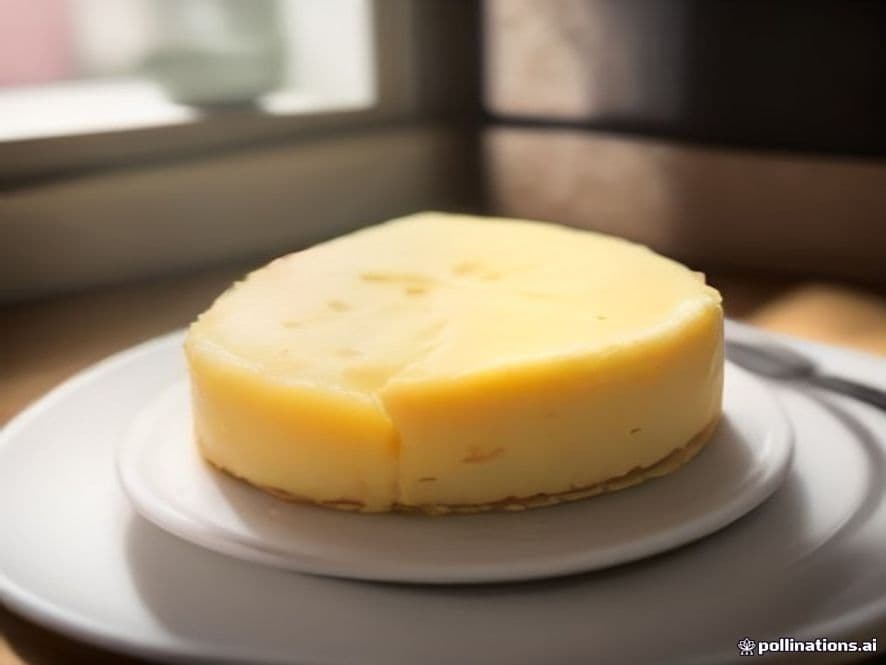 Una tarta de queso en freidora de aire, dorada en la superficie y con un corte que revela su interior cremoso, presentada en un plato rústico con un toque de mermelada de frutos rojos.