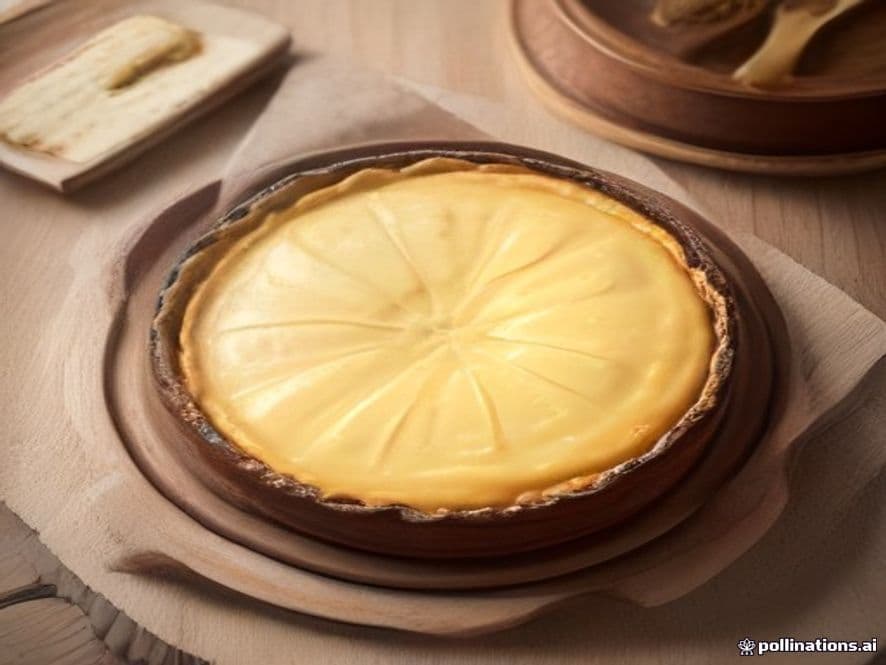 Rebanada de tarta de queso al horno casera, cremosa y dorada, sobre un plato rústico con salsa de frutos rojos y una hoja de menta.