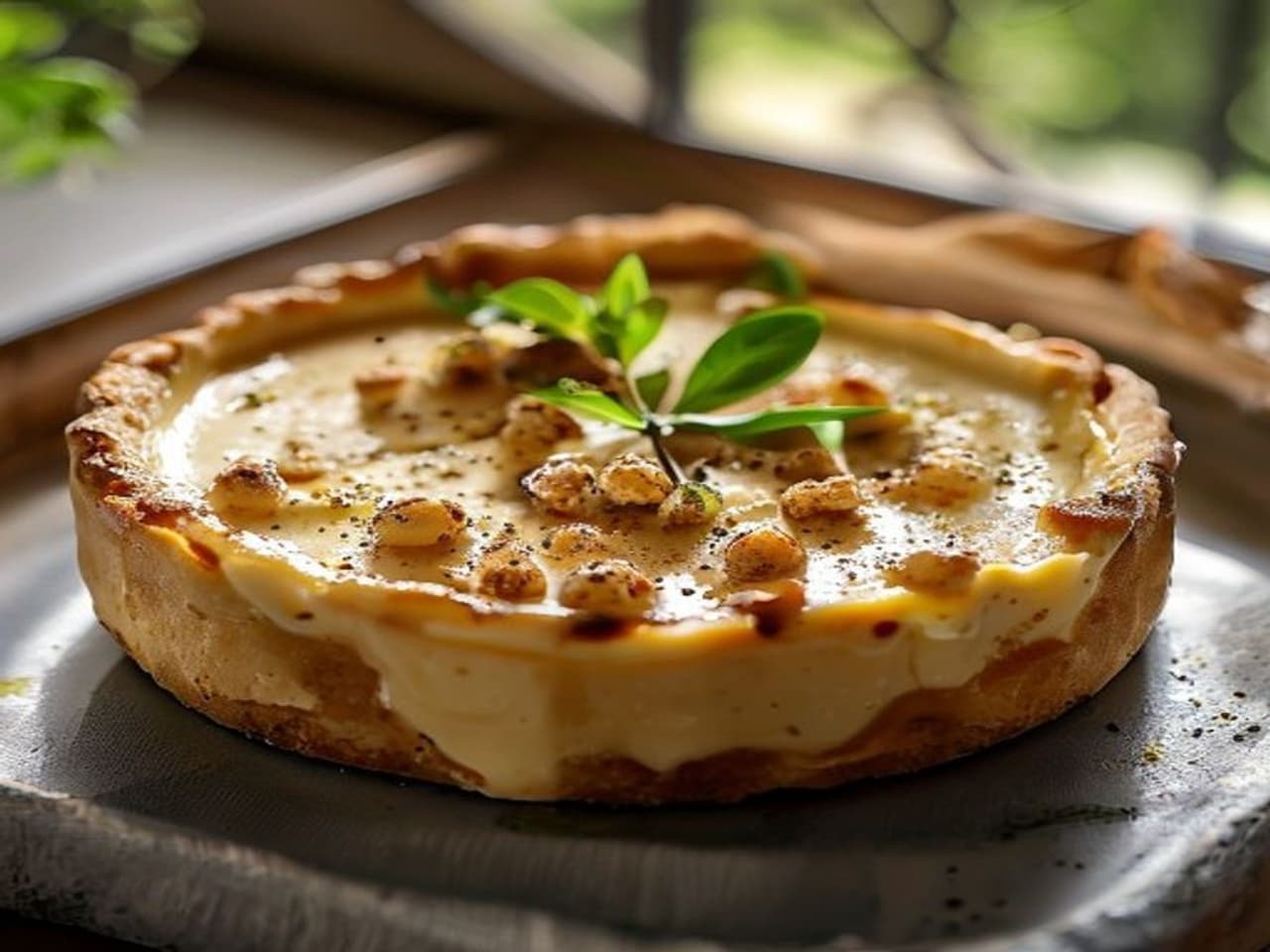 Receta de Tarta de Queso Vasca con Crema de Pistacho preparada paso a paso — fotografía editorial de RecetaDolce