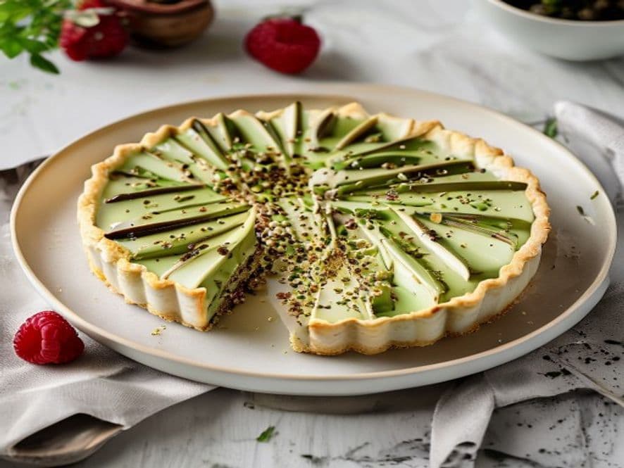Receta de Tarta fría de pistacho y chocolate blanco sin horno preparada paso a paso — fotografía editorial de RecetaDolce