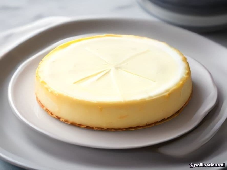Porción de tarta de queso mascarpone cremosa y dorada, sobre un plato blanco, con una textura visiblemente suave y sedosa.