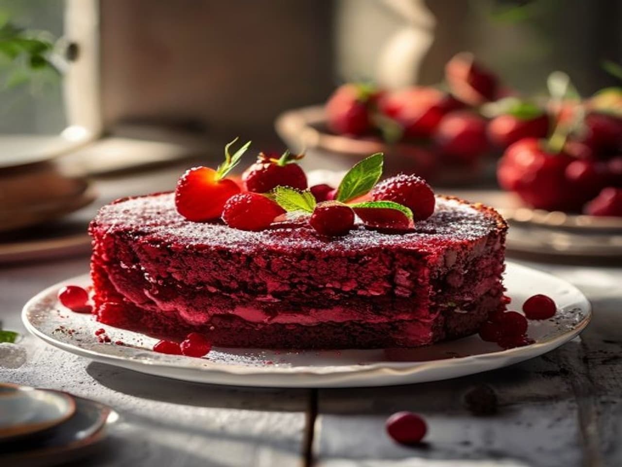 Receta de Tarta red velvet con frambuesas preparada paso a paso — fotografía editorial de RecetaDolce