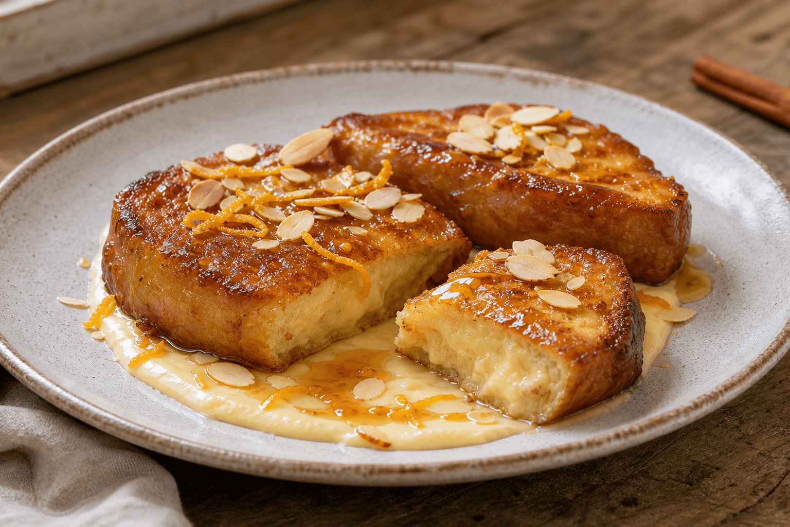 Receta de Torrijas caramelizadas con crema de azahar preparada paso a paso — fotografía editorial de RecetaDolce